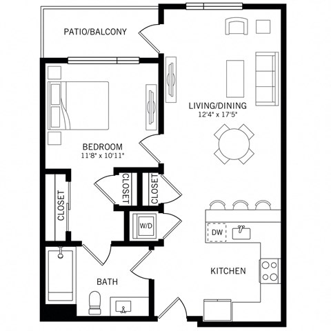 Floor plan for 1 bed, 1 bath, 774 sqft