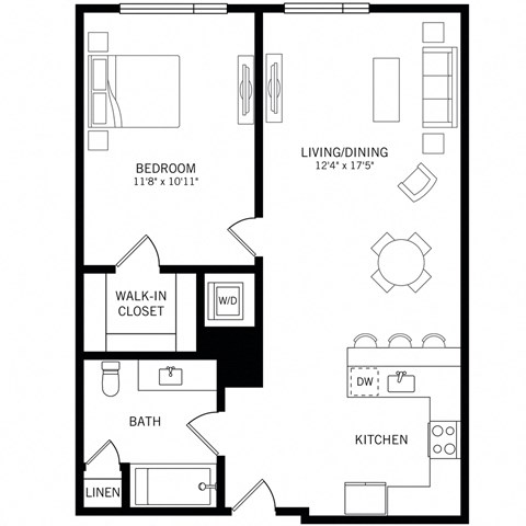 Floor plan for 1 bed, 1 bath, 812 sqft