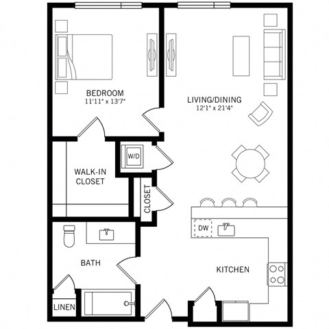 Floor plan for 1 bed, 1 bath, 924 sqft
