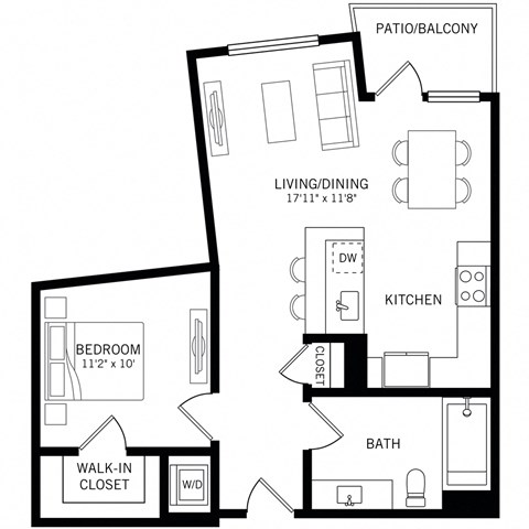 Floor plan for 1 bed, 1 bath, 731 sqft