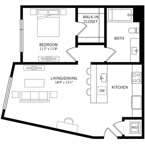Floor plan for 1 bed, 1 bath, 745 sqft