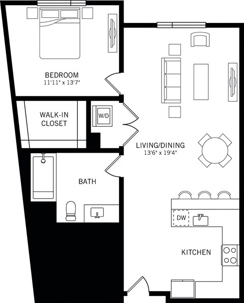 Floor plan for 1 bed, 1 bath, 762 sqft