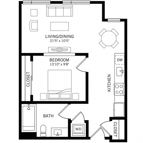 Floor plan for 1 bed, 1 bath, 648 sqft