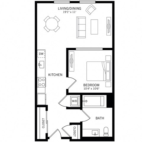 Floor plan for 1 bed, 1 bath, 641 sqft