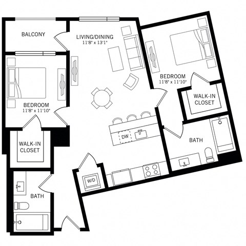 Floor plan for 2 beds, 2 baths, 1095 sqft
