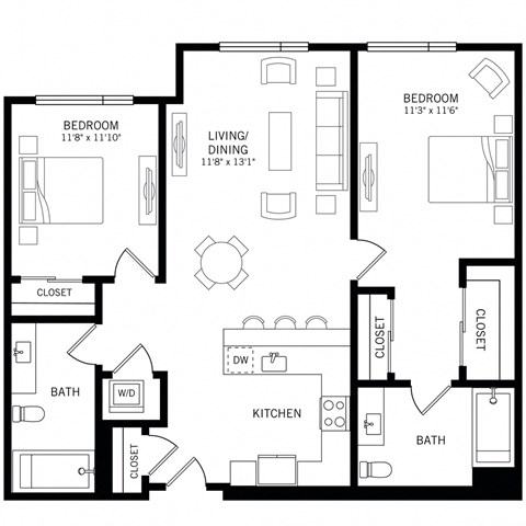 Floor plan for 2 beds, 2 baths, 1202 sqft