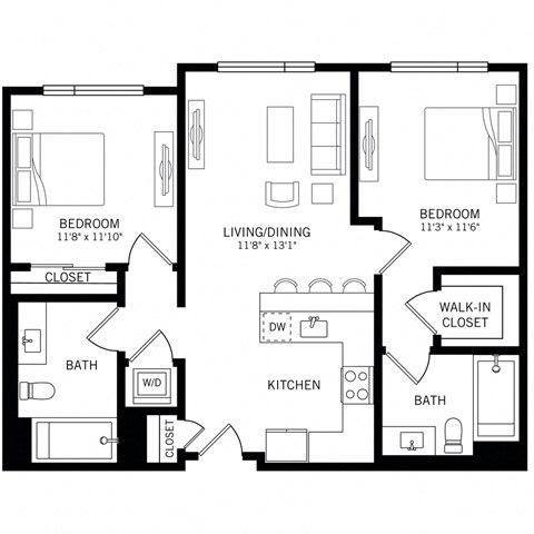 Floor plan for 2 beds, 2 baths, 982 sqft