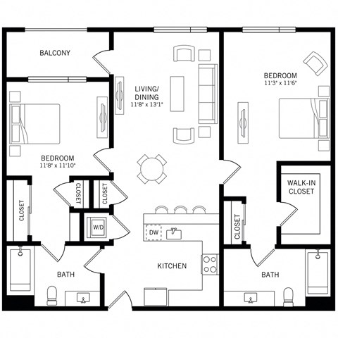 Floor plan for 2 beds, 2 baths, 1212 sqft