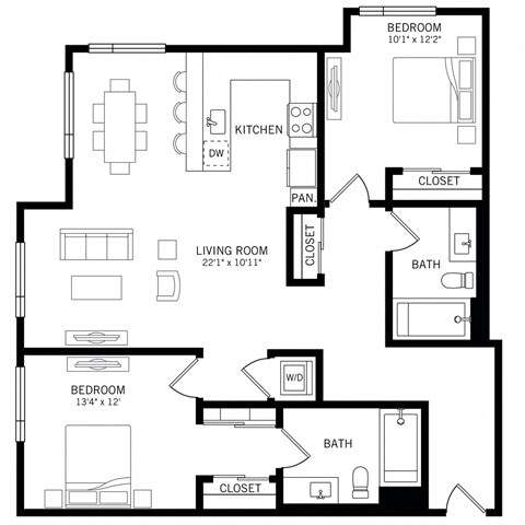 Floor plan for 2 beds, 2 baths, 1255 sqft