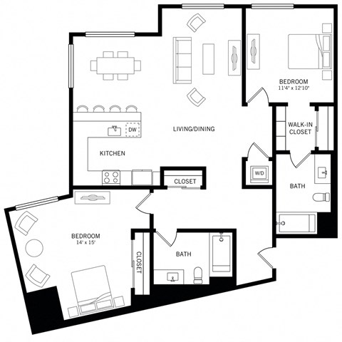 Floor plan for 2 beds, 2 baths, 1381 sqft