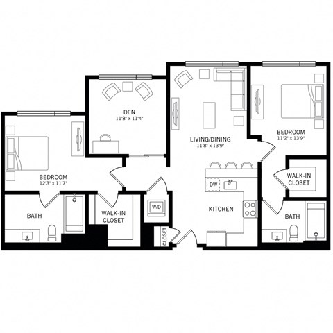 Floor plan for 2 beds, 2 baths, 1230 sqft