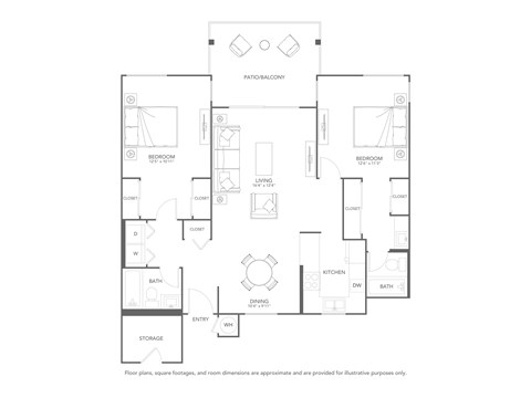 Floor plan for 2 beds, 2 baths, 1077 sqft