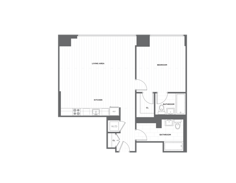 Floor plan for 1 bed, 2 baths, 851 sqft