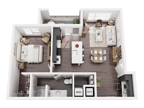 Floor plan for 1 bed, 1 bath, 748 sqft