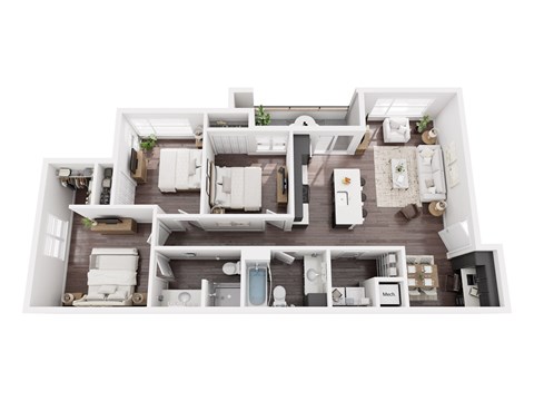 Floor plan for 3 beds, 2 baths, 1117 sqft