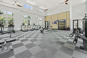 Charleston apartment for rent - A spacious gym with a variety of exercise equipment and a checkered floor.