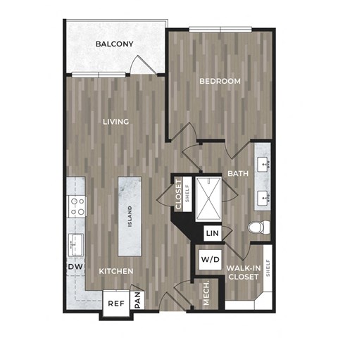 Floor plan for 1 bed, 1 bath, 713 sqft