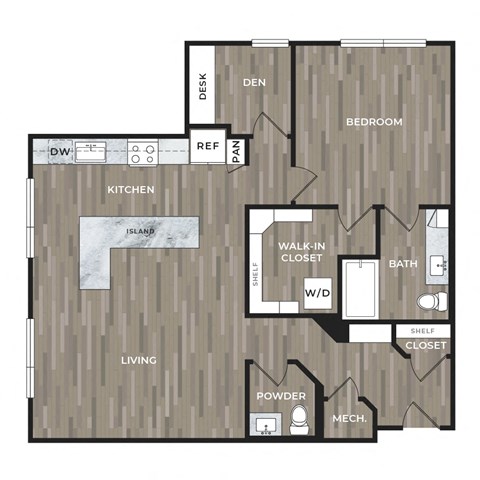 Floor plan for 1 bed, 1.5 baths, 1052 sqft