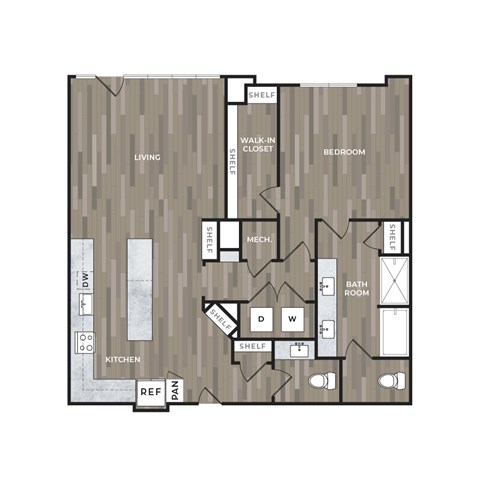 Floor plan for 1 bed, 1.5 baths, 1231 sqft