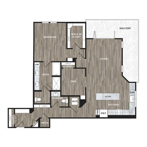 Floor plan for 1 bed, 1.5 baths, 1292 sqft