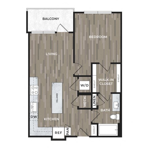 Floor plan for 1 bed, 1 bath, 713 sqft