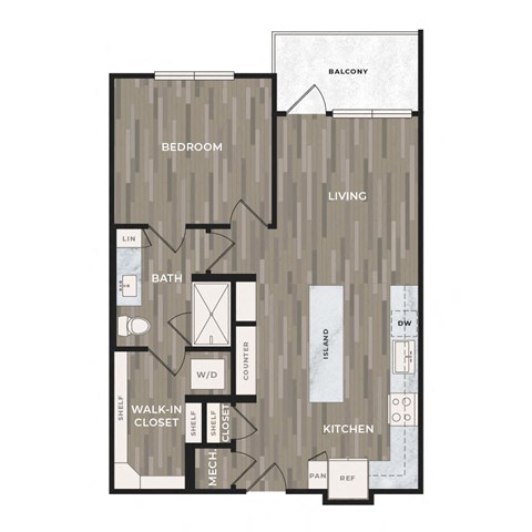 Floor plan for 1 bed, 1 bath, 739 sqft
