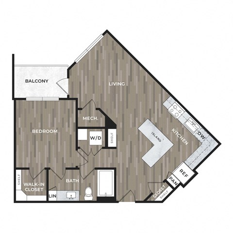 Floor plan for 1 bed, 1 bath, 789 sqft