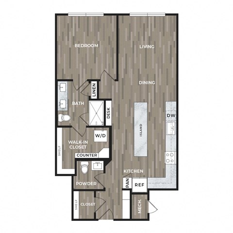 Floor plan for 1 bed, 1 bath, 933 sqft