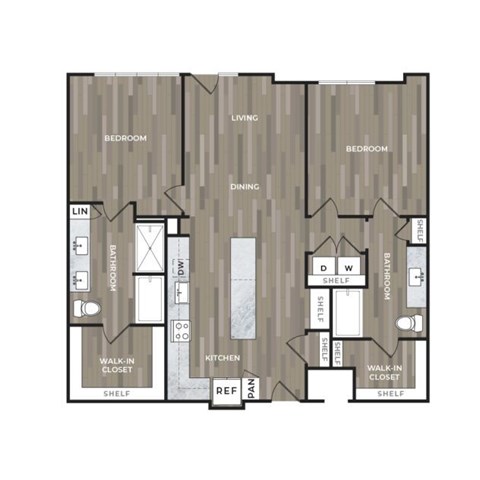 Floor plan for 2 beds, 2 baths, 1300 sqft