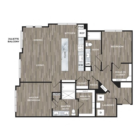 Floor plan for 2 beds, 2 baths, 1365 sqft