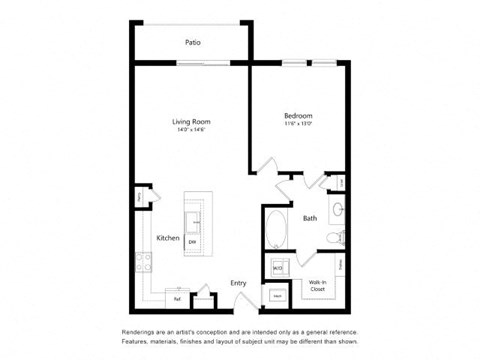 Floor plan for 1 bed, 1 bath, 838 sqft