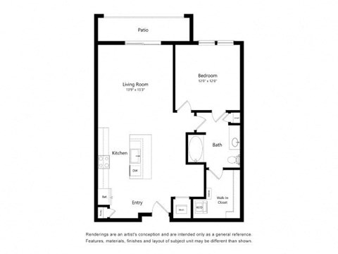 Floor plan for 1 bed, 1 bath, 886 sqft