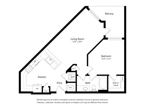 Floor plan for 1 bed, 1 bath, 777 sqft