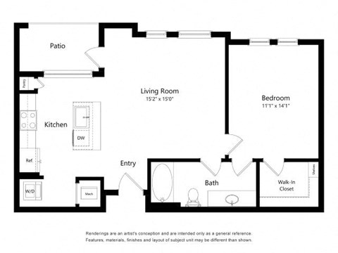 Floor plan for 1 bed, 1 bath, 771 sqft