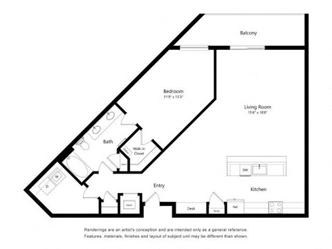 Floor plan for 1 bed, 1 bath, 1142 sqft