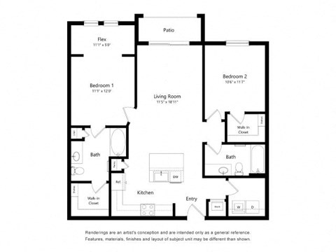 Floor plan for 2 beds, 2 baths, 1123 sqft