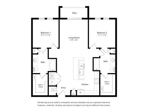 Floor plan for 2 beds, 2 baths, 1178 sqft