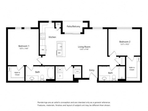 Floor plan for 2 beds, 2 baths, 1106 sqft
