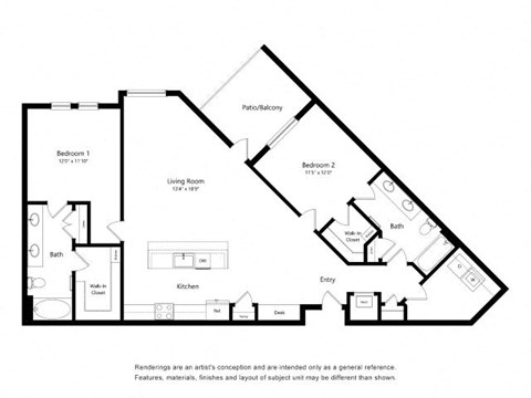 Floor plan for 2 beds, 2 baths, 1405 sqft