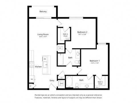 Floor plan for 2 beds, 2 baths, 1022 sqft
