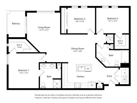 Floor plan for 3 beds, 2 baths, 1397 sqft