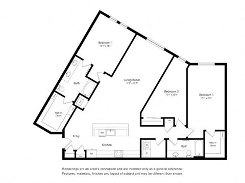 Floor plan for 3 beds, 2 baths, 1734 sqft
