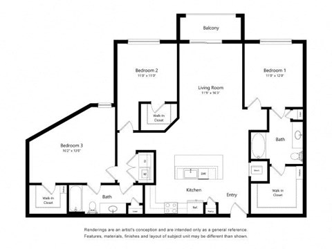 Floor plan for 3 beds, 2 baths, 1481 sqft