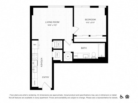 Floor plan for 1 bed, 1 bath, 624 sqft