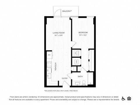 Floor plan for 1 bed, 1 bath, 570 sqft
