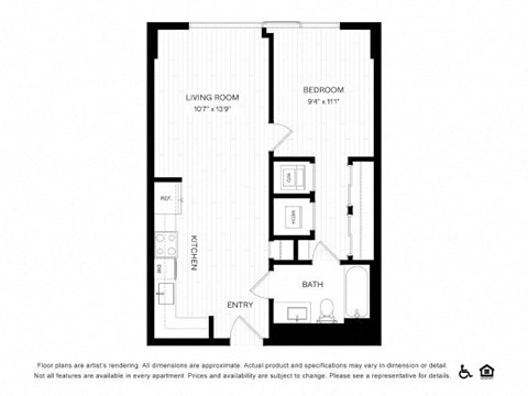 Floor plan for 1 bed, 1 bath, 607 sqft