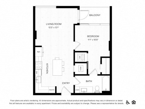 Floor plan for 1 bed, 1 bath, 607 sqft