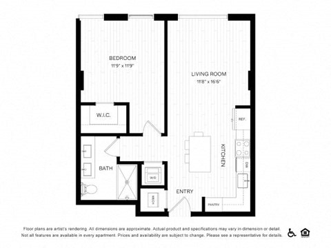 Floor plan for 1 bed, 1 bath, 656 sqft