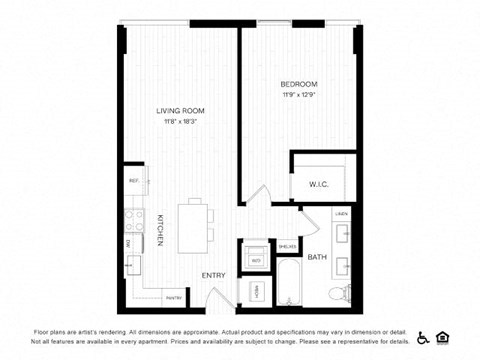 Floor plan for 1 bed, 1 bath, 666 sqft