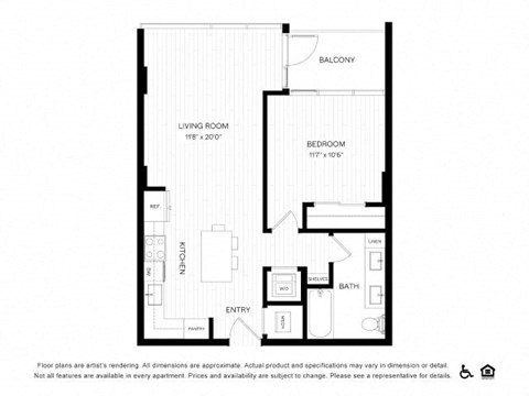 Floor plan for 1 bed, 1 bath, 688 sqft